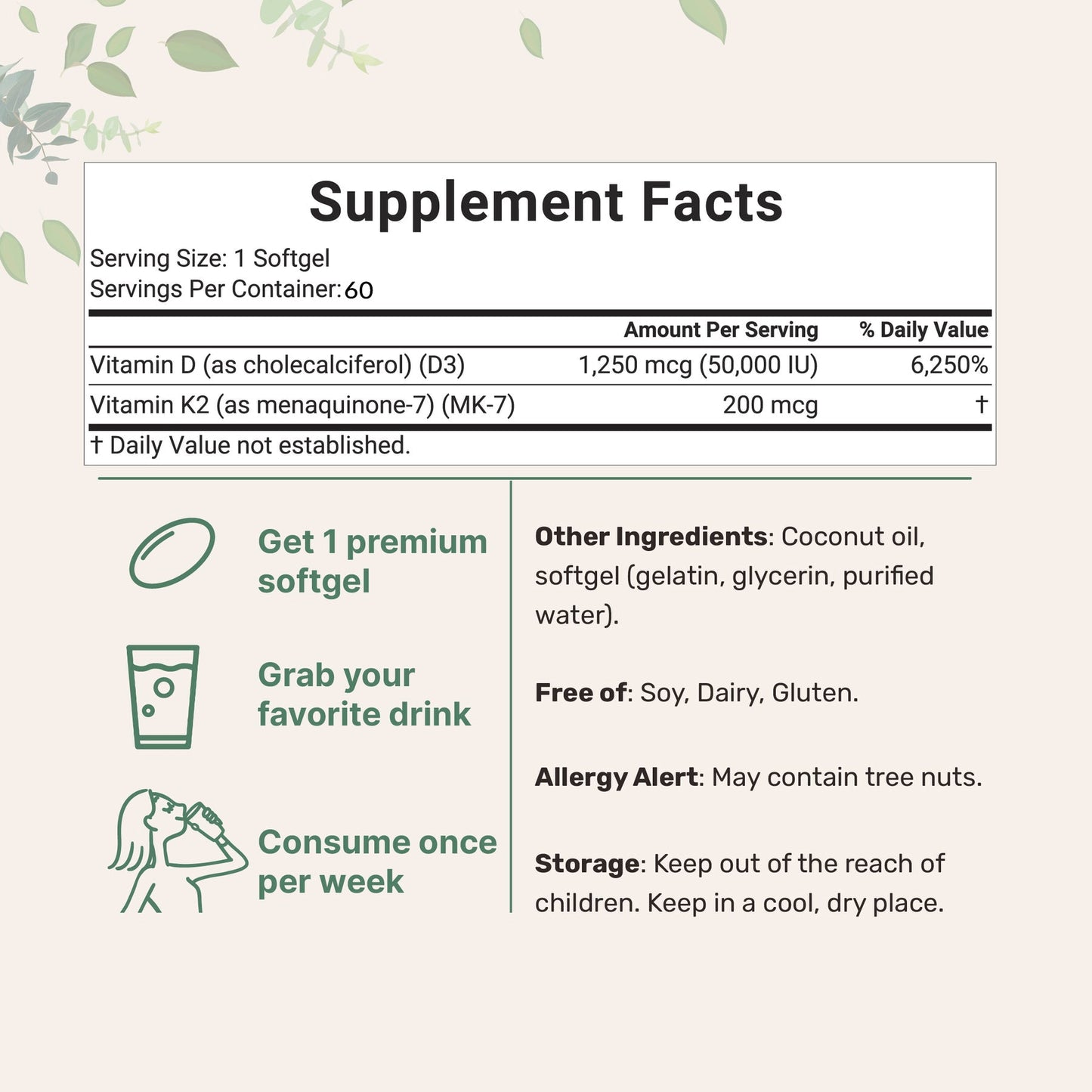 Vitamin D3 K2 Supplement Softgels